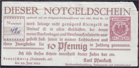 Banknoten
Deutsches Notgeld und KGL
Braunschweig (Niedersachsen)
Karl Pfankuch, Briefmarkenhandlung. 10 Pfg. 20.6.1920. Rechts oben stumpfe Ecke du...