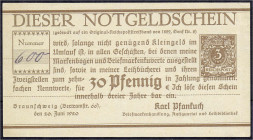 Banknoten
Deutsches Notgeld und KGL
Braunschweig (Niedersachsen)
Karl Pfankuch, Briefmarkenhandlung. 30 Pfg. 20.6.1920. II, Rs. Graffiti, selten. L...
