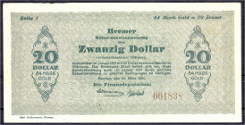 Banknoten
Deutsches Notgeld und KGL
Bremen (Bremen)
Finanzdeputation, 20 Dollar 10.3.1924. Wz. "Freie Hansestadt Bremen". Reihe 1. II, leicht stock...