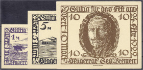 Banknoten
Deutsches Notgeld und KGL
Bremen (Bremen)
3 Scheine zu 1, 5 u. 10 Mark der Skagerrak - Gesellschaft, für das Fest am 24.2.1922. 5 u. 10 M...