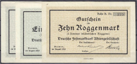Banknoten
Deutsches Notgeld und KGL
Bremen (Bremen)
Deutsche Festmarkbank Aktiengesellschaft, 3 Scheine zu 2 X 1 u. 10 Roggenmark August 1923. Wz. ...