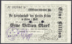 Banknoten
Deutsches Notgeld und KGL
Brilon (Westfalen)
Kreissparkasse gedruckter Eigenscheck zu 1 Bio. Mark 30.10.1923. Gültig bis 15.3.1924. Wz. S...