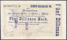 Banknoten
Deutsches Notgeld und KGL
Brilon (Westfalen)
Kreissparkasse gedruckter Eigenscheck zu 5 Bio. Mark 30.10.1923. Gültig bis 15.3.1924. Wz. S...