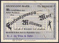 Banknoten
Deutsches Notgeld und KGL
Heisfelde b. Leer (Hannover)
K.J. de Vries & Sohn, 25 Mio. Mark 20.9.1923. Gültig bis 31.12.1923. III, stockfle...