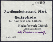 Banknoten
Deutsches Notgeld und KGL
Herrenwyk bei Lübeck (Schleswig-Holstein)
Hochofenwerk A.G. 200 Tsd. Mark 15. Septb. 1923. Gutschein für Kaufha...