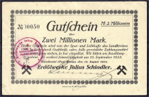 Banknoten
Deutsches Notgeld und KGL
Hornbostel Post Wietze (Hannover)
Erdölwerke Julius Schindler. 2 Mio. Mark 15.8.1923. Gültig bis 15.9.1923. III...