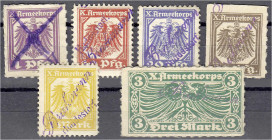 Banknoten
Deutsches Notgeld und KGL
Huddestorf, X. Armeekorps (Niedersachsen)
6 Scheine: 1, 10, 20 und 50 Pfg., 1 und 3 Mark mit zus. Stempel Brakm...