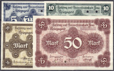 Banknoten
Deutsches Notgeld und KGL
Jena (Sachsen-Weimar-Eisenach)
Kriegsgeld, 4 Scheine zu 5, 10, 20 u. 50 Mark November 1918. Gültig bis 1.2.1919...