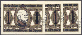 Banknoten
Deutsches Notgeld und KGL
Jever (Oldenburg)
3 X 1 Mark o.D. Alle mit Ovalstempel schwarz "Jever Getreuen Umtrunk 1. April 1922" II, sehr ...