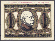Banknoten
Deutsches Notgeld und KGL
Jever (Oldenburg)
1 Mark o.D. Kiwiteier, mit Aufdruck "350 Jahrfeier Marien-Gymnasium" 23.- 25.8.1923. II-, kl....