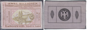 Banknoten
Deutsches Notgeld und KGL
Kaiserswerth (heute zu Düsseldorf gehörig)
2 Billionen Mark 1.12.1923 Leinen. Serie A No. 013. I-, von größter ...