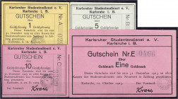 Banknoten
Deutsches Notgeld und KGL
Karlsruhe (Baden)
Studentendienst, 4 Scheine zu 1, 5, 10 GPfg. u. 1 GMk. 10.10.1923. Ohne Wz. II- Müller E. 274...