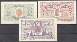 Banknoten
Deutsches Notgeld und KGL
Köln (Rheinland)
Briefmarkengeld, Grave Carl Haushaltsartikel, 3 Scheine zu 10, 25 u. 50 Pfg. 1920. 10 Pfg. (Dr...