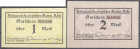 Banknoten
Deutsches Notgeld und KGL
Köln-Riehl (Rheinland)
Restaurant Zoologischer Garten, 1 u. 2 Mark o.D. Wz. Kölner Waben. II. Geiger. 281.