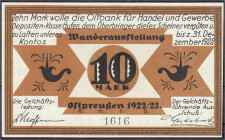 Banknoten
Deutsches Notgeld und KGL
Königsberg (Ostpreußen)
Wanderausstellung Ostpreußen GmbH: 10 Mark o.D. bis 31.12.1922. Scheck der Ostbank für ...