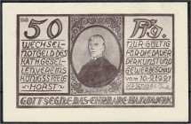 Banknoten
Deutsches Notgeld und KGL
Königssteele-Horst (Westfalen)
Kathol.-Gesellenverein. 50 Pfg. Kunst und Gewerbeschau 10.-21.9.1921. II, Rs. Gr...