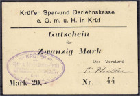 Banknoten
Deutsches Notgeld und KGL
Krüt (Elsass)
Spar- und Darlehnskasse e.G.m.u.H., 20 Mark auf Karton o.D. (1914). Mit Firmenstempel und eigenh....