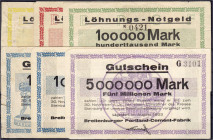 Banknoten
Deutsches Notgeld und KGL
Lägerdorf Kr. Steinburg (Schleswig-Holstein)
6 verschiedene Scheine zu 20, 50 und 100 Tsd., 2 X 1 und 5 Mio. Ma...