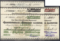 Banknoten
Deutsches Notgeld und KGL
Lehrte (Hannover)
Eisenbahnstationskasse, 5 verschiedene Scheine. 1000 Mark, 10, 20 Mrd. Überdruck auf 300 Mark...