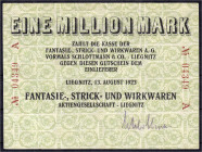 Banknoten
Deutsches Notgeld und KGL
Liegnitz (Schlesien)
Fantasie-, Strick- und Wirkwaren, 1 Mio. Mark 13.8.1923. Wz. Dunkle Kreuze. III, Einriss, ...