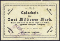 Banknoten
Deutsches Notgeld und KGL
Lippehne (Brandenburg)
Stadtbank, 2 Mio. Mark 23.8.1923. 2 handschr. Unterschriften und Stempel der Stadtbank. ...