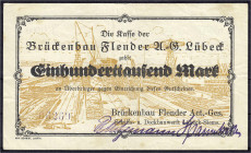 Banknoten
Deutsches Notgeld und KGL
Lübeck (Schleswig-Holstein)
Brückenbau Flender Act.-Ges., 100 Tsd. Mark o.D. Ohne Wz. III-IV, selten. L.S.K. L0...