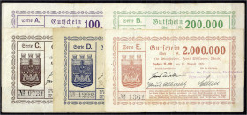 Banknoten
Deutsches Notgeld und KGL
Lychen (Brandenburg)
Agentur der Mecklenburg-Strelitzschen Hypothekenbank, 5 Scheine zu 100, 200, 500 Tsd. und ...