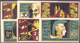 Banknoten
Deutsches Notgeld und KGL
Magdeburg (Sachsen)
6 Scheine Künstlerverein St. Lucas o.D. 25, 50, 75 Pfg., 1, 1,50 und 2 Mark. I-II, selten. ...