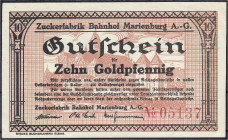 Banknoten
Deutsches Notgeld und KGL
Marienburg (Westpreußen)
Zuckerfabrik Bahnhof Marienburg A.-G., 10 GPfg. o.D. und o. Wz. KN. 7 mm. Dieser Schei...