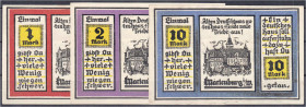 Banknoten
Deutsches Notgeld und KGL
Marienburg (Westpreußen)
3 Scheine Jungdeutscher Orden: 1, 2 u. 10 Mark o.D. Rs. Marienburg. I-II, äußerst selt...