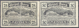 Banknoten
Deutsches Notgeld und KGL
Meissen (Sachsen)
2 Scheine Geipel-Burg, Vergnügungs-Etablissement zu 25 u. 50 Pfennige o.D. Tanzmarken. III- u...