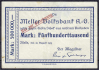 Banknoten
Deutsches Notgeld und KGL
Melle (Hannover)
Meller Volksbank A.-G. 500 Tsd. Mark 22.8.1923. O. Wz. III, stockfleckig, sehr selten. Schoena...