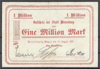 Banknoten
Deutsches Notgeld und KGL
Meyenburg (Brandenburg)
Stadt, 1 Mio. Mark 19.8.1923. O. Wz. III, fleckig, selten. Keller 3544.