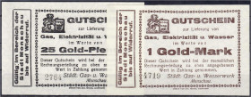 Banknoten
Deutsches Notgeld und KGL
Monschau (Rheinland)
2 Gold-Scheine zu 25 GPf. und 1 GMk des Städt. Gas- u. Wasserwerkes o.D. Beide mit "Wert i...