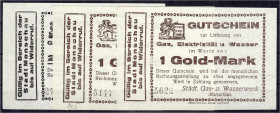 Banknoten
Deutsches Notgeld und KGL
Monschau (Rheinland)
3 Gold-Scheine zu 25 GPf. u. 2 X 1 GMk des Städt. Gas- u. Wasserwerkes o.D. Wz. Sechseckfl...