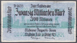 Banknoten
Deutsches Notgeld und KGL
Mühlheim a.d. Ruhr (Rheinland)
Bergwerks-Verein, 20 Mrd. Mark Oktober 1923. Handgezeichnete Fälschung, o. Wz. N...