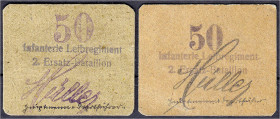 Banknoten
Deutsches Notgeld und KGL
München (Bayern)
Militärgeld, 2 X 50 Pfg. o.D. Infanterie Leibregiment, 2. Ersatz-Bataillon. Auf rotbraunem u. ...