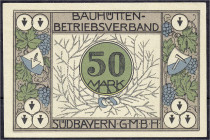 Banknoten
Deutsches Notgeld und KGL
München (Bayern)
Bauhütten-Betriebsverband Südbayern G.m.b.H, 50 Mark o.D., ohne Wz. I-II, sehr selten. Lindman...