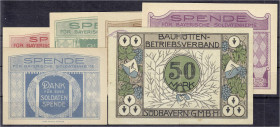Banknoten
Deutsches Notgeld und KGL
München (Bayern)
6 Scheine, 50 Pfg., 1, 5 u. 20 Mark und 1 X o. Wertangabe, Spende für Bayerische Soldatenheime...
