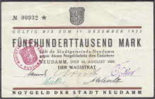 Banknoten
Deutsches Notgeld und KGL
Neudamm (Brandenburg)
Stadt, 500 Tsd. Mark 10.8.1923. Mit 5 Handunterschriften. III-IV, sehr selten. Keller 376...