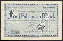 Banknoten
Deutsches Notgeld und KGL
Neuhaldensleben (Prov. Sachsen)
5 Bio. Mark Scheck auf Stadtgemeinde 19.11.1923. Rs. Stadtbild, o. Wz. II-III. ...