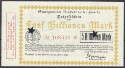 Banknoten
Deutsches Notgeld und KGL
Neustadt an der Haardt (Pfalz)
5 Billion Mark der Stadt, 10.10.1923. Gültig bis 25.12.1923. 2 Sternlochungen (e...