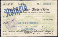 Banknoten
Deutsches Notgeld und KGL
Nienburg (Hannover)
Stadtsparkasse 9.8.1923. 200 Tsd. Mark gedr. Eigenscheck mit blauem statt rotem Überdruck "...