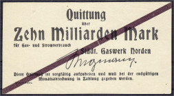 Banknoten
Deutsches Notgeld und KGL
Norden (Hannover)
Städt. Gaswerk, 10 Mrd. Mark o.D. Ohne Wz. Nicht im Keller. II, kl. Nadelstich, sehr selten. ...