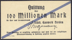 Banknoten
Deutsches Notgeld und KGL
Norden (Hannover)
Städt. Gaswerk, 100 Mio. Mark o.D. Ohne Wz. Nicht im Keller. II, sehr selten. Lindman N 023.