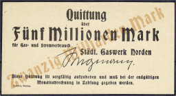 Banknoten
Deutsches Notgeld und KGL
Norden (Hannover)
Städt. Gaswerk, 20 Mrd. Mark Überdruck auf 5 Mio. Mark o.D. Ohne Wz. Nicht im Keller. II, seh...
