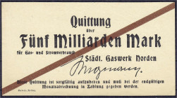 Banknoten
Deutsches Notgeld und KGL
Norden (Hannover)
Städt. Gaswerk, 5 Mrd. Mark o.D. Ohne Wz. Nicht im Keller. II, sehr selten. Lindman N 023.