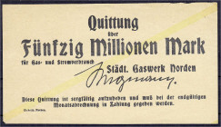 Banknoten
Deutsches Notgeld und KGL
Norden (Hannover)
Städt. Gaswerk, 50 Mio. Mark o.D. Ohne Wz. Nicht im Keller. II-III, sehr selten. Lindman N 02...