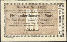 Banknoten
Deutsches Notgeld und KGL
Nordenham (Oldenburg)
Friederich-August-Hütte Metallwerke Unterweser AG, 100 Tsd. Mark 15.8.1923. Scheck auf Co...