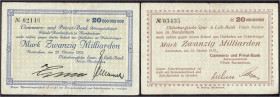 Banknoten
Deutsches Notgeld und KGL
Nordenham (Oldenburg)
2 Scheine: Oldenburgische Spar- & Leih-Bank, 20 Mrd. Mark 25.10.1923. Scheck auf Commerz-...
